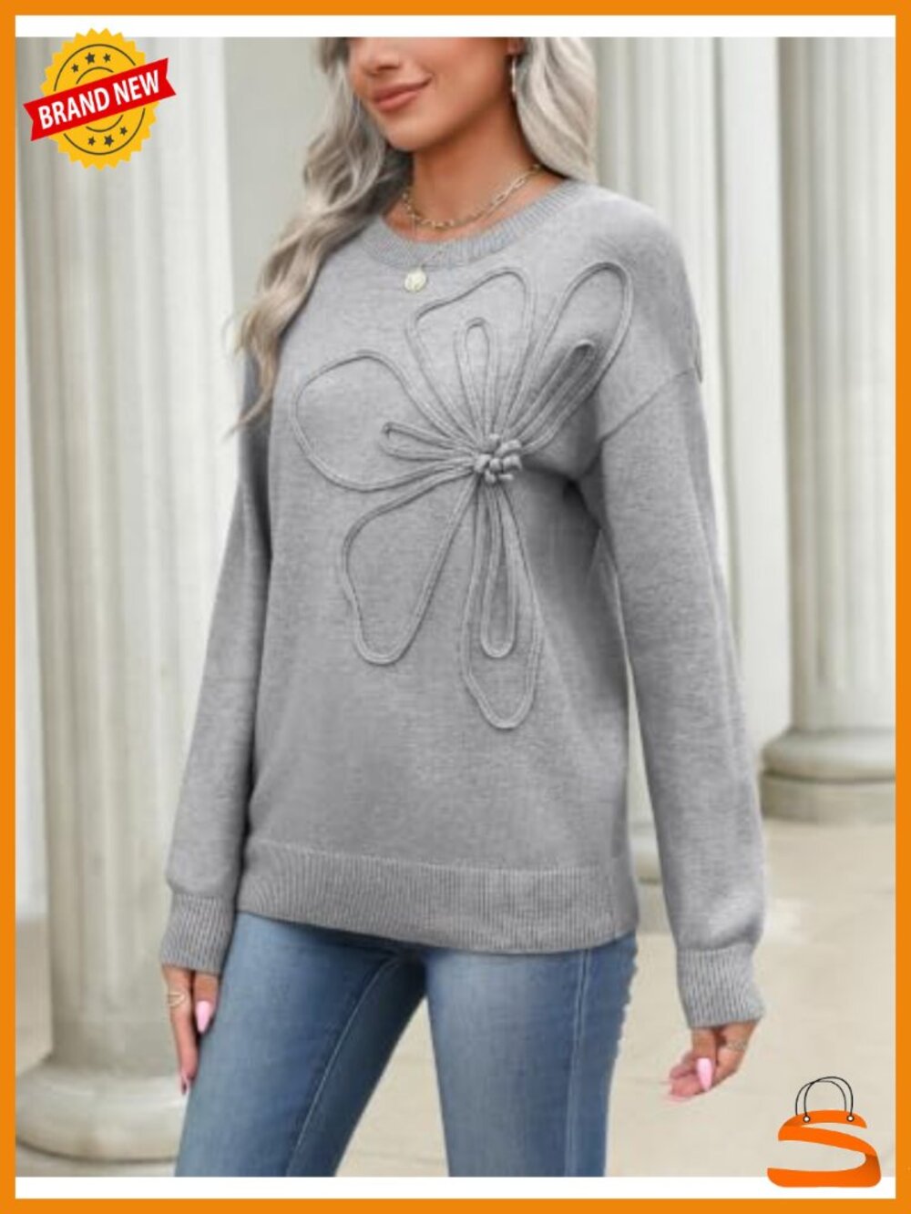 Women's 3D Floral Applique Crewneck Long Sleeve Pullover Sweater Knit - Picture 2 of 6